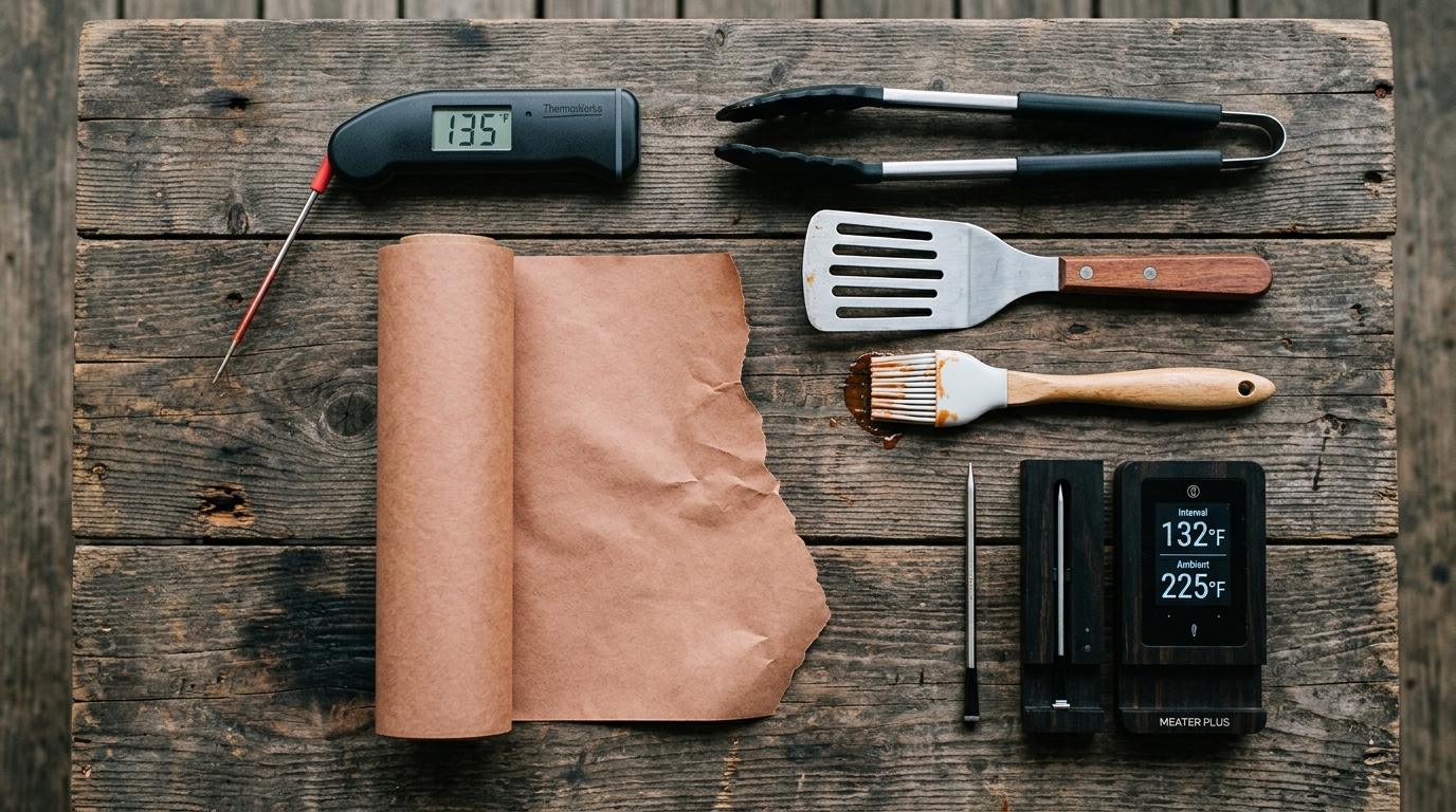 BBQ accessories: digital thermometer, tongs, fish spatula, butcher paper, wireless thermometer probe