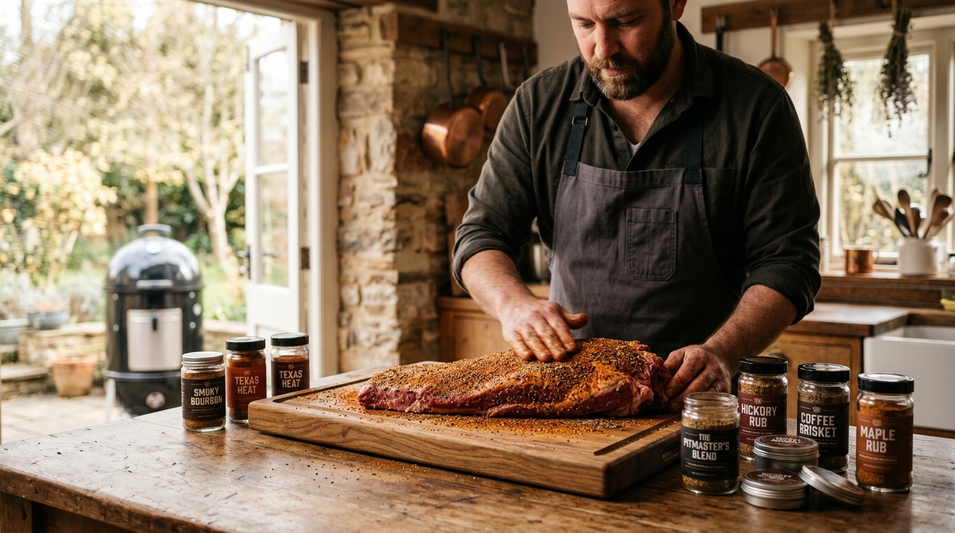 Assorted BBQ dry rub jars arranged on a wooden cutting board beside a seasoned pork shoulder