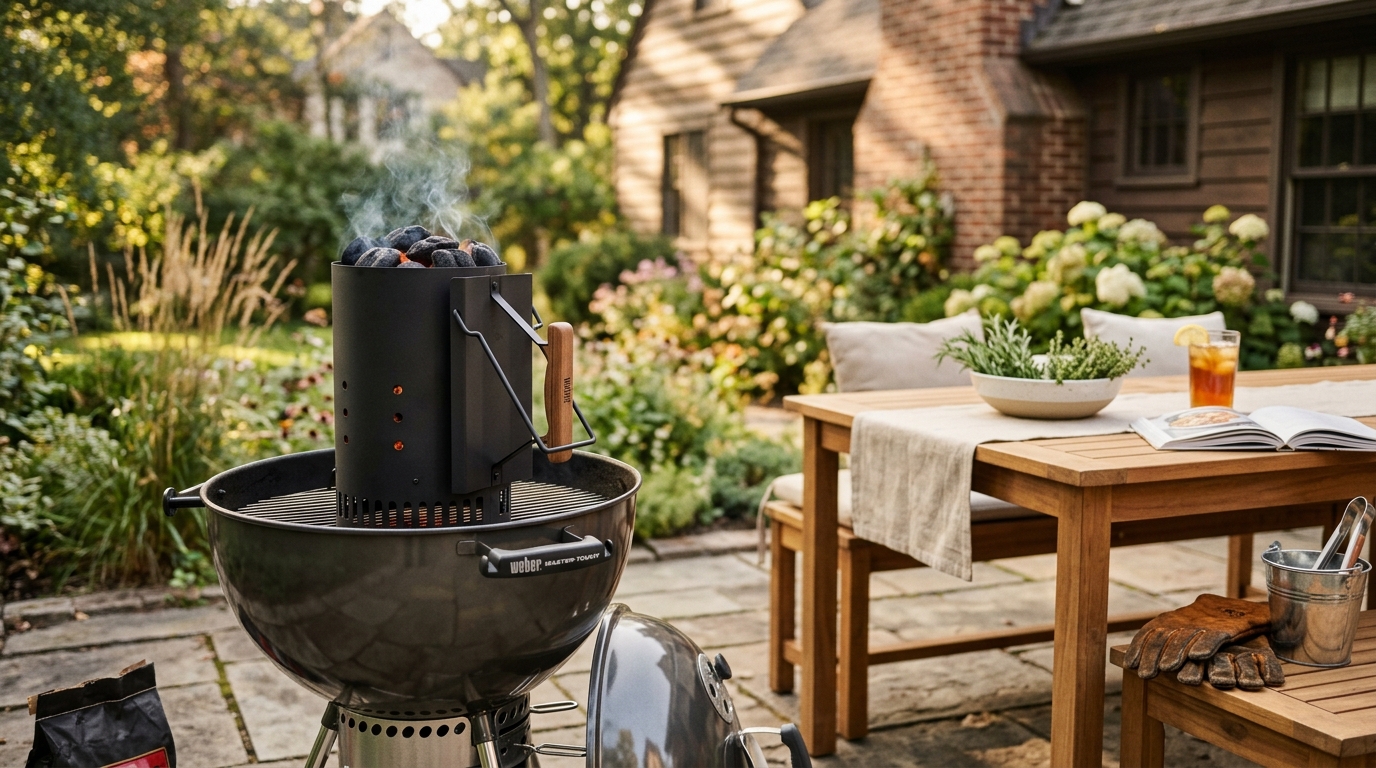 Charcoal chimney starter glowing with lit coals ready to pour onto a charcoal grill