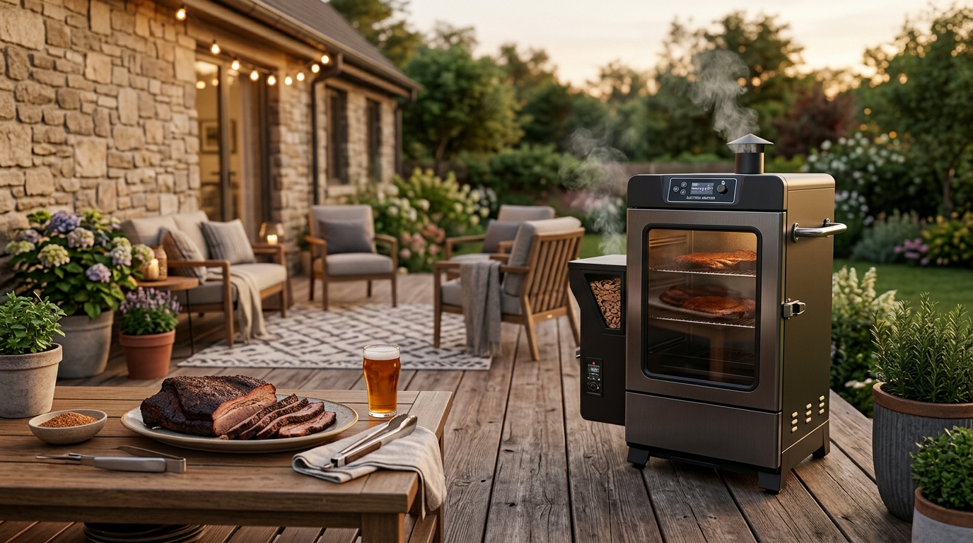 Masterbuilt digital electric smoker on a backyard deck with smoke drifting from the top vent