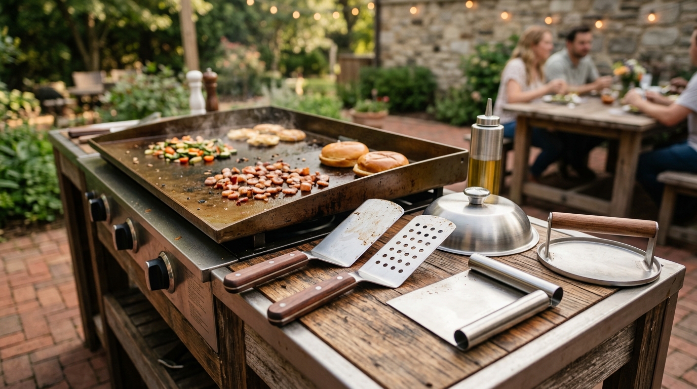 Flat-top griddle accessories laid out on a patio surface: long spatulas, basting dome, squeeze bottles, metal scraper, and a fitted griddle cover
