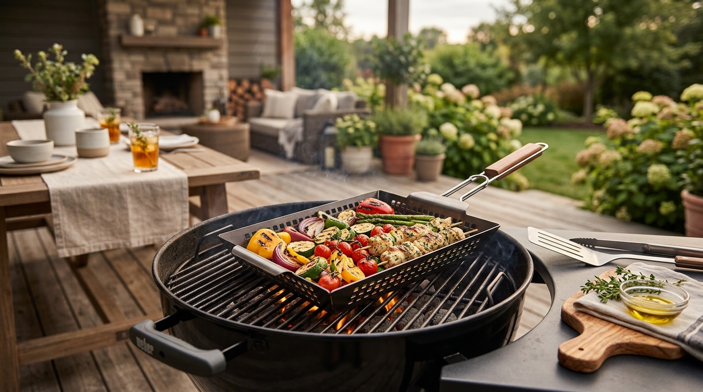 Stainless steel grill basket filled with colorful vegetables over a charcoal grill