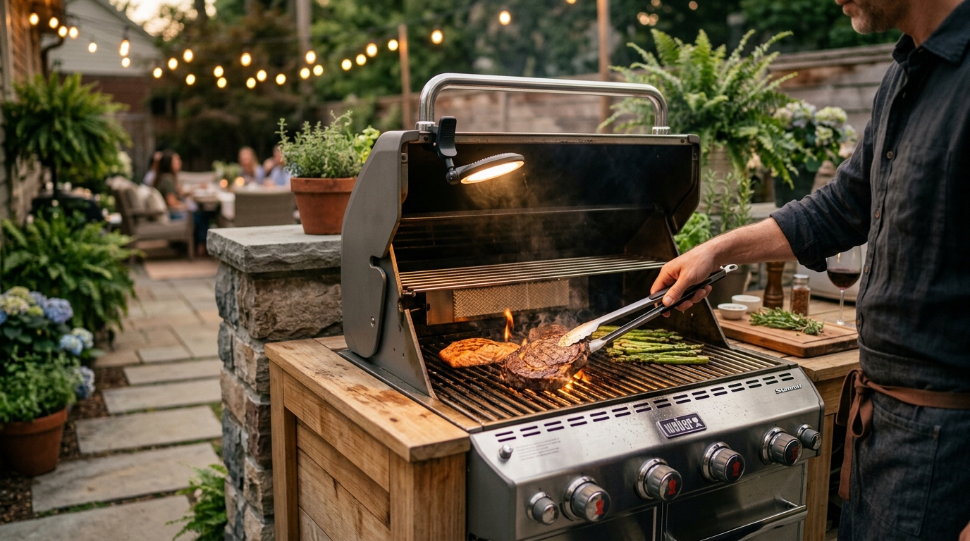 LED grill light clamped to a gas grill handle illuminating steaks on the grate after dark