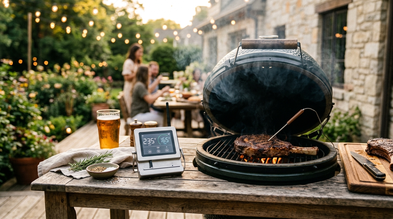 Instant-read meat thermometer inserted into a thick ribeye on a charcoal grill