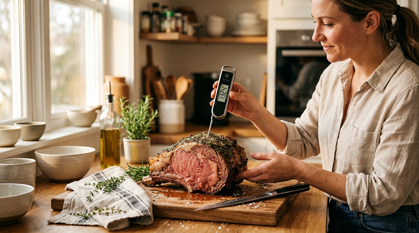 Instant-read meat thermometer inserted into a thick pork chop sizzling on a cast iron skillet