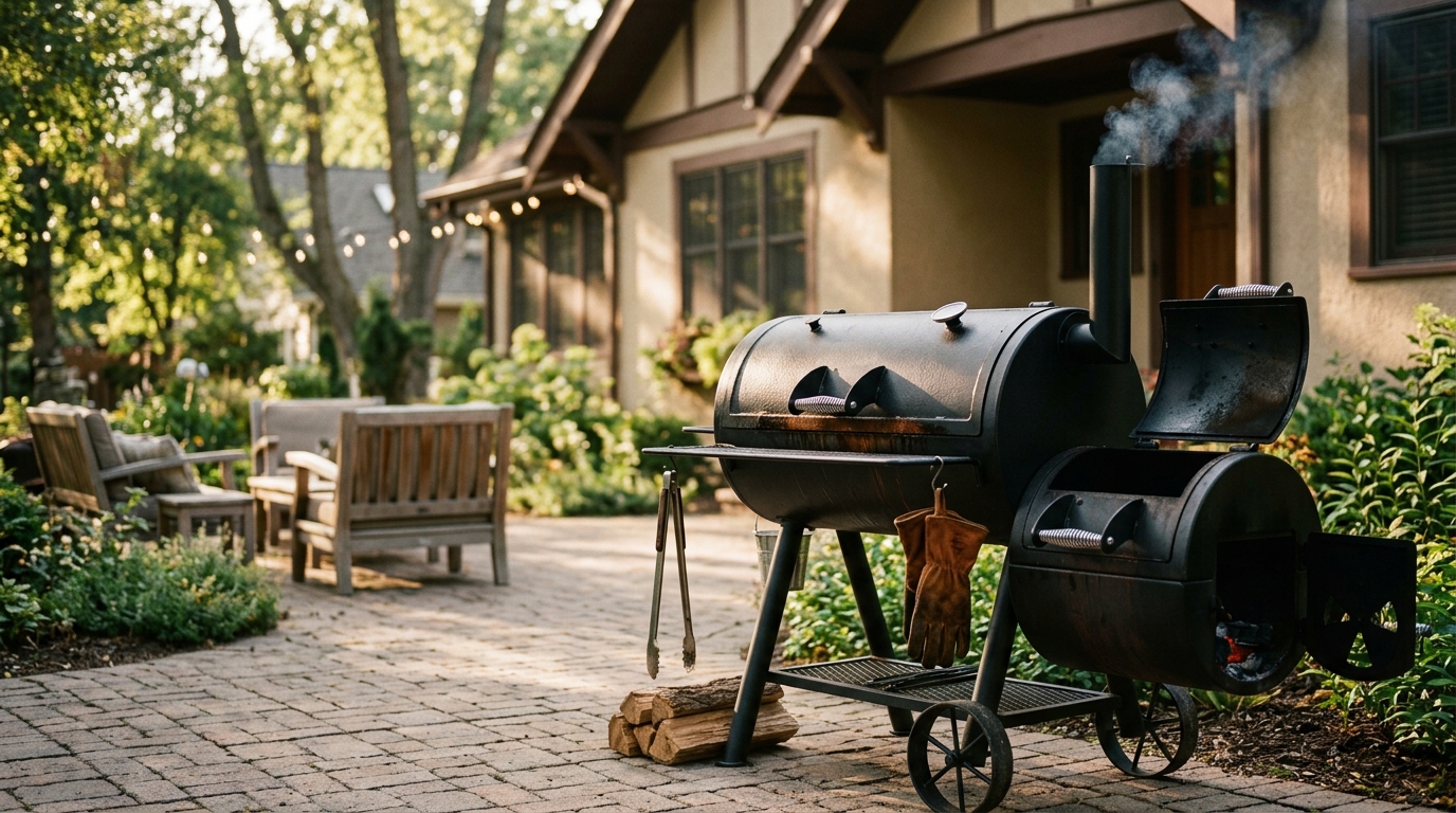 Oklahoma Joe's Highland offset smoker with smoke pouring from the firebox chimney on a backyard patio