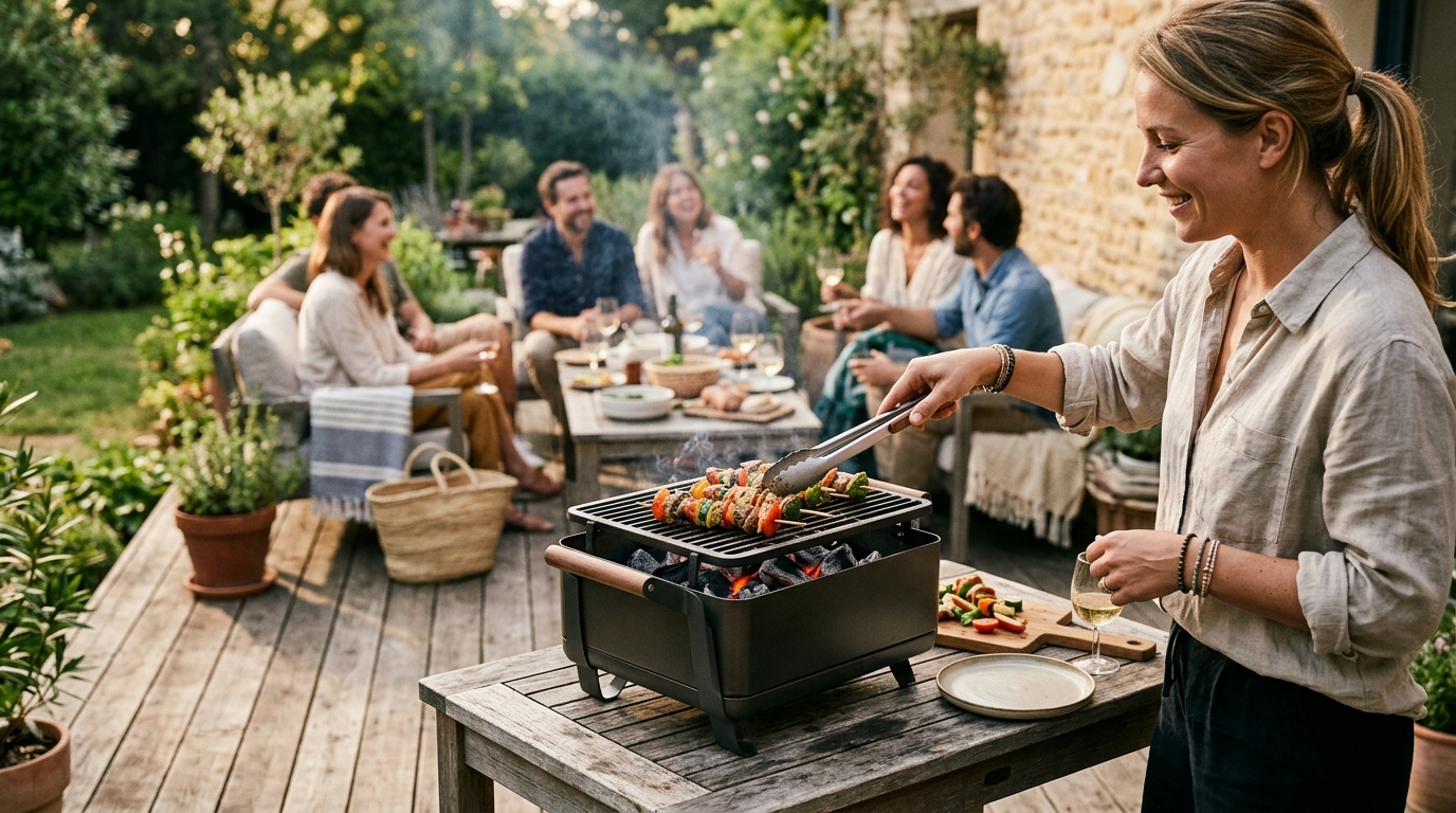 Portable charcoal grill set up at a campsite with steaks cooking over coals