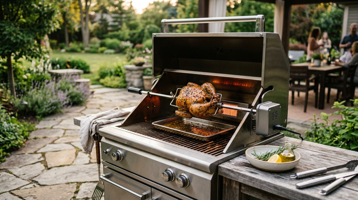 Whole chicken rotating on a rotisserie spit over hot charcoal flames on a backyard grill