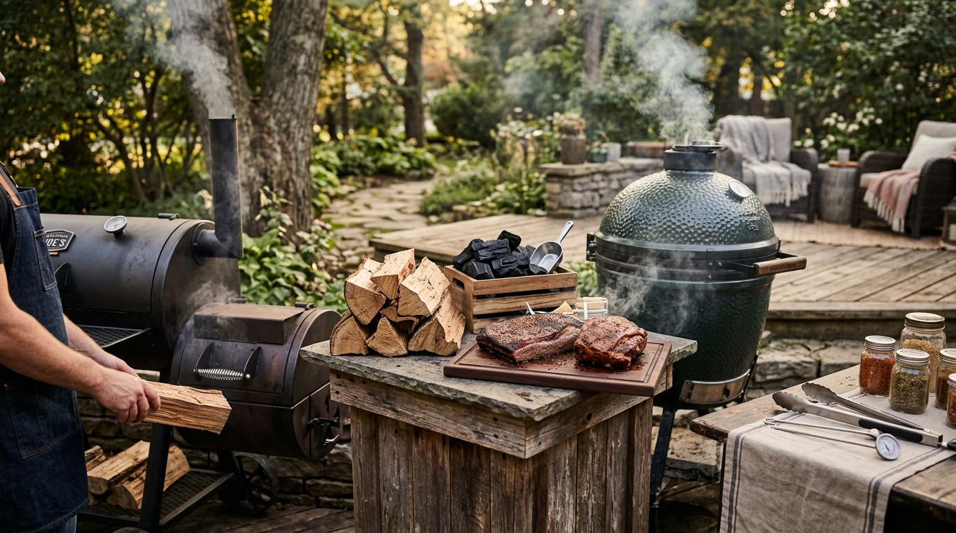 Split oak hardwood logs and a charcoal chimney starter side by side on a backyard offset smoker