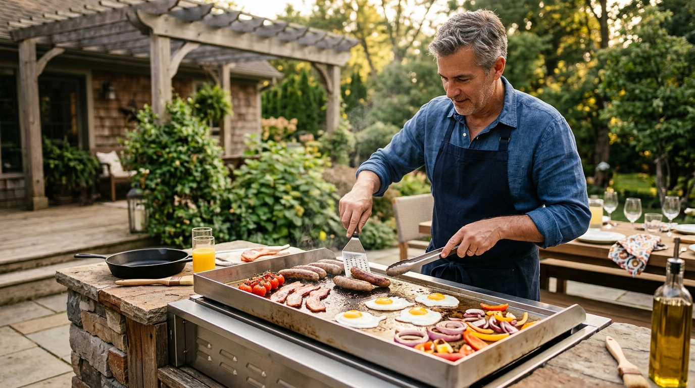 A cast iron griddle plate sitting on the grates of a propane gas grill outdoors, with smash burgers forming a crust on the flat surface