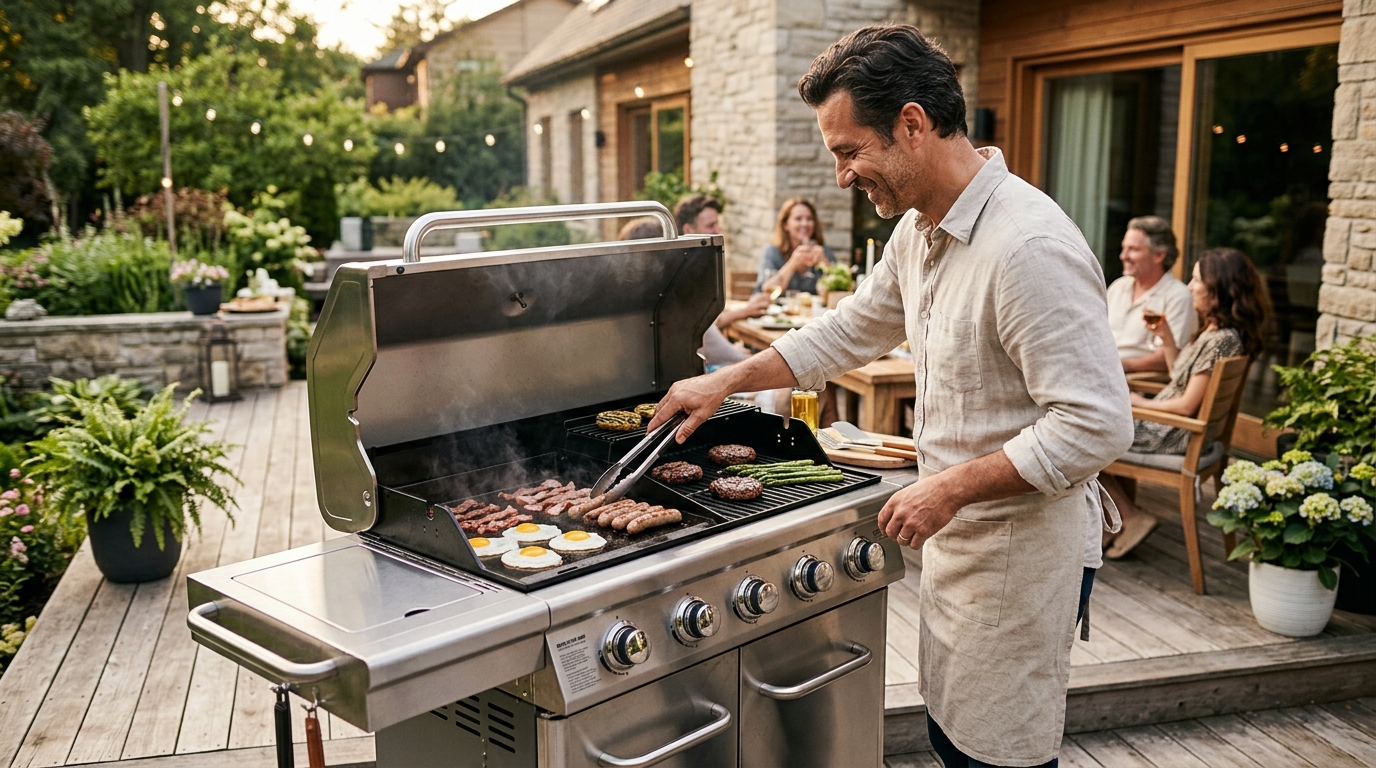 A side-by-side gas grill and griddle combo unit cooking burgers on grates and eggs on the flat-top surface simultaneously outdoors