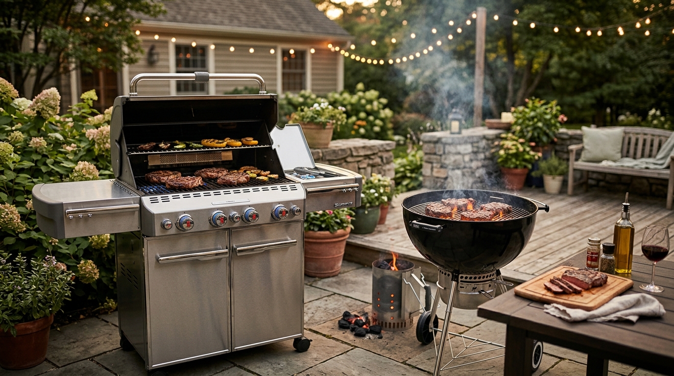 Side-by-side of a stainless steel gas grill and a classic charcoal kettle grill on a backyard patio