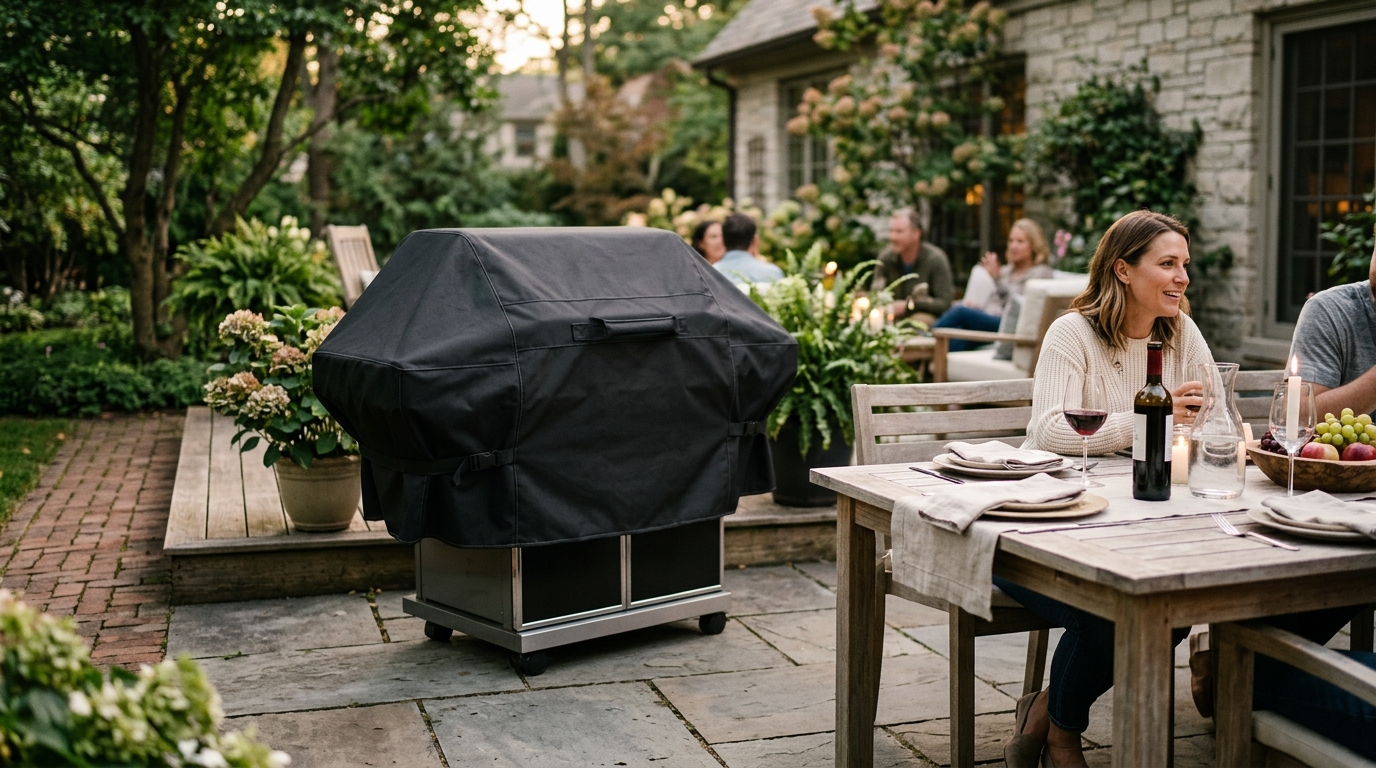 Fitted gas grill cover protecting a 3-burner gas grill on a back patio in wet weather