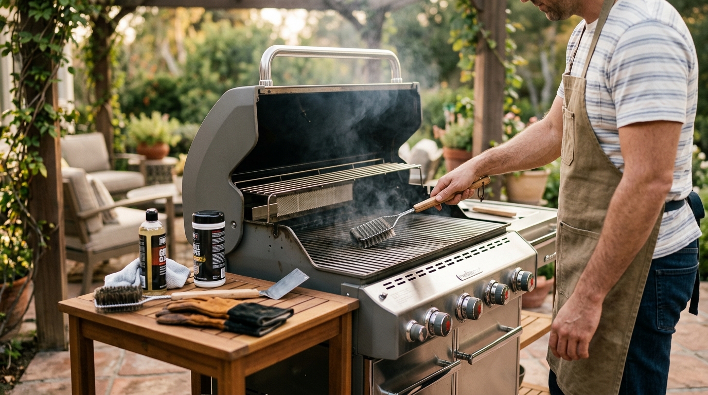 Stainless steel grill grates being scrubbed with a wire brush after a burn-off session, steam rising from the hot surface