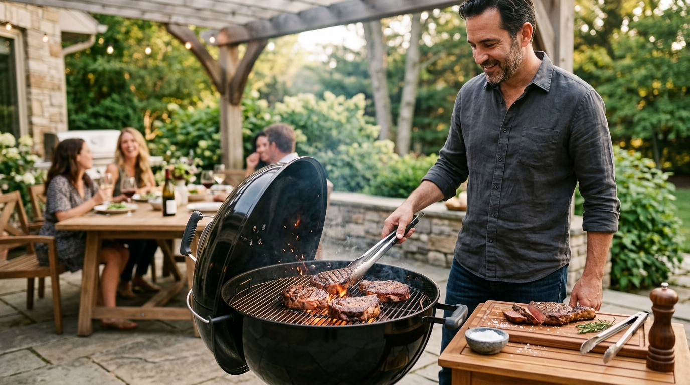 Thick burgers sizzling over glowing charcoal coals on a Weber kettle grill with lid propped open and smoke rising in a backyard setting
