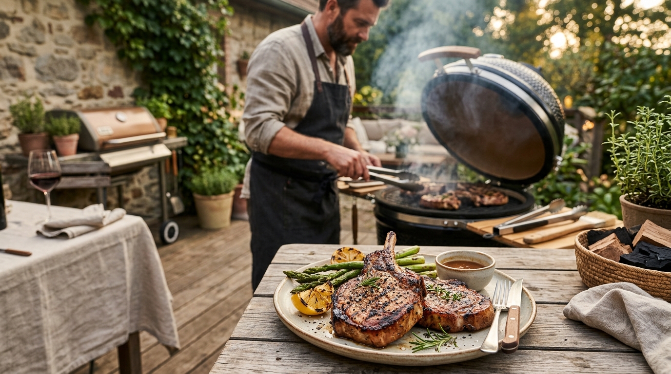 Perfectly grilled bone-in pork chops with grill marks on a hot charcoal grill