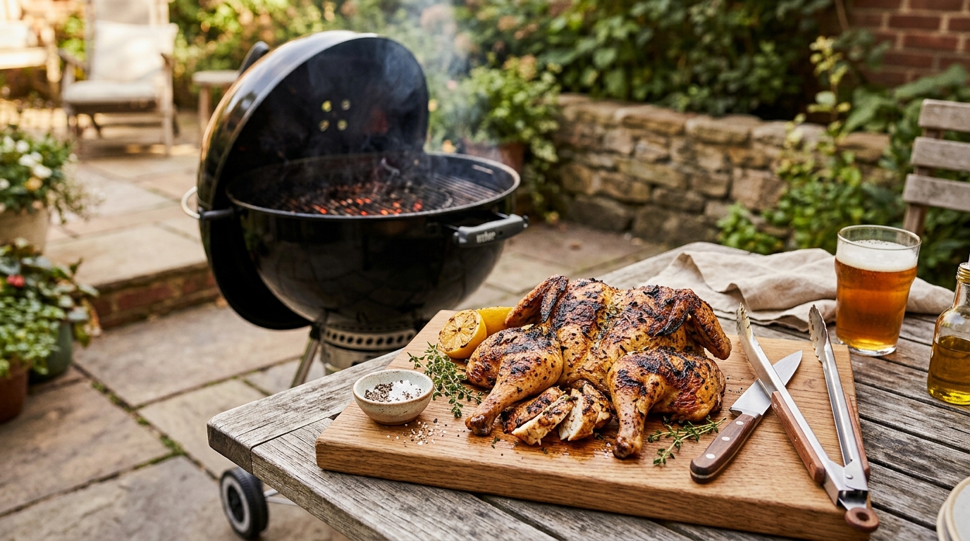 Golden-brown spatchcocked whole chicken on a charcoal grill with crispy skin and visible grill marks