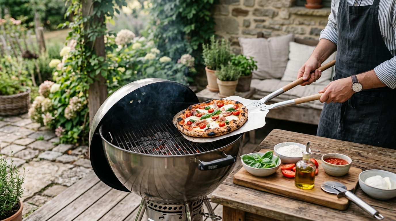 A round pizza with a blistered, char-spotted crust and bubbling mozzarella cooking directly on hot gas grill grates