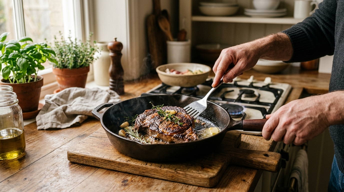 Cast iron skillet with a thin layer of oil being wiped across the surface with a paper towel before oven seasoning