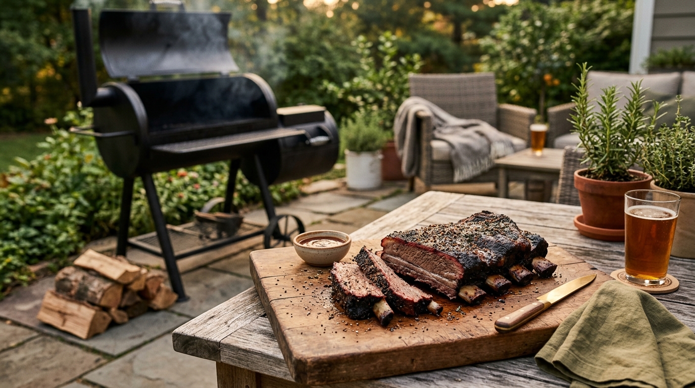 Rack of beef plate short ribs on a smoker with thick dark bark and thin blue smoke curling off the surface