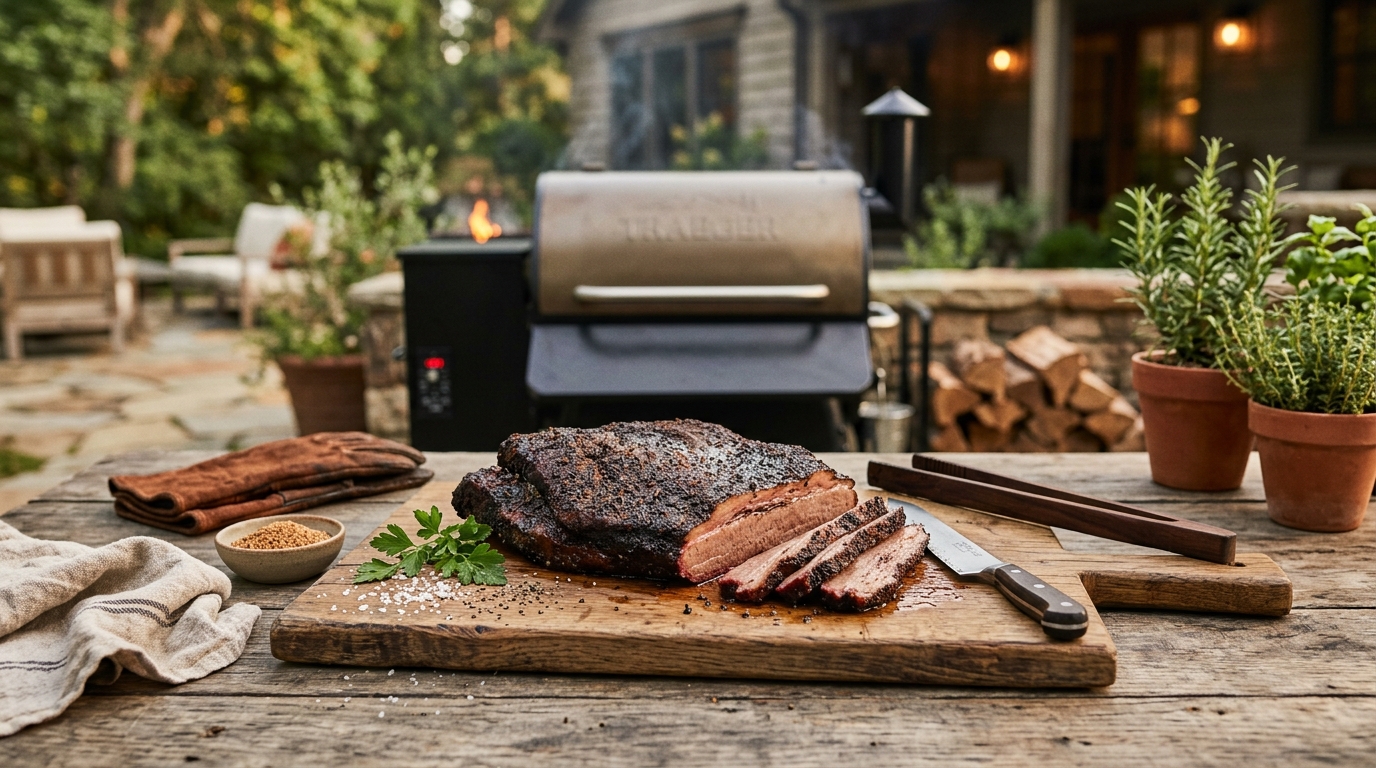 Sliced smoked brisket flat with dark bark and a pink smoke ring on a wooden cutting board next to a cast iron pan