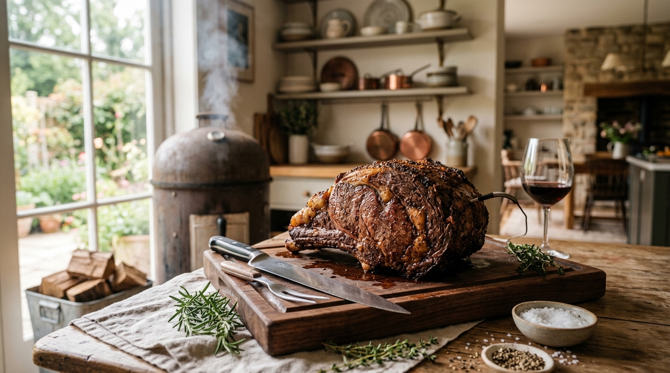 Bone-in smoked prime rib roast resting on a wooden cutting board, deep mahogany bark visible on the exterior with smoke rising in the background