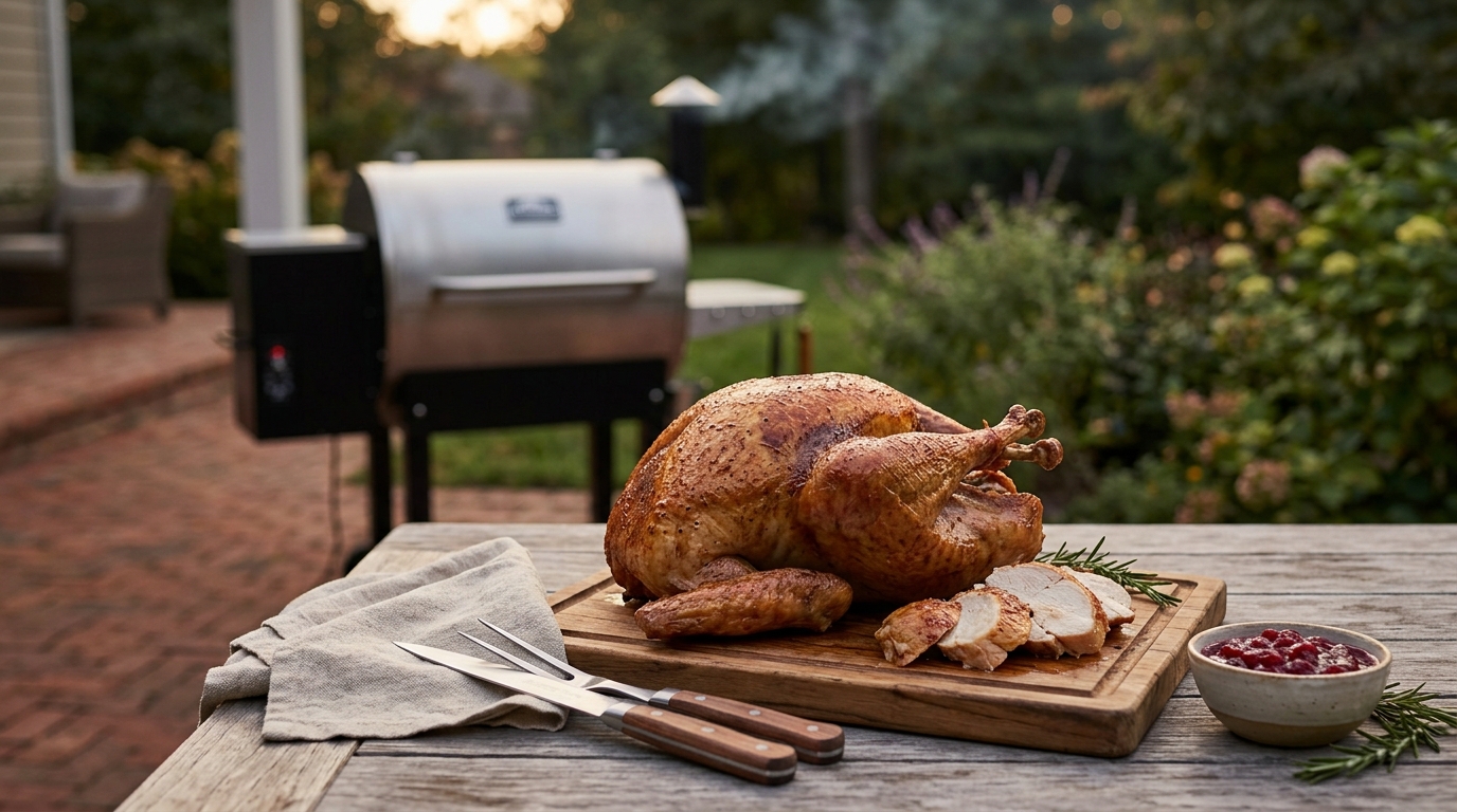 Whole smoked turkey resting on a cutting board with deep mahogany skin and thin blue smoke visible in the background