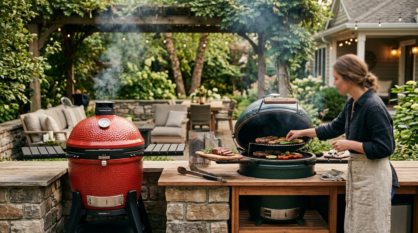 Kamado Joe Classic III and Big Green Egg Large side by side on a backyard patio with charcoal smoke rising