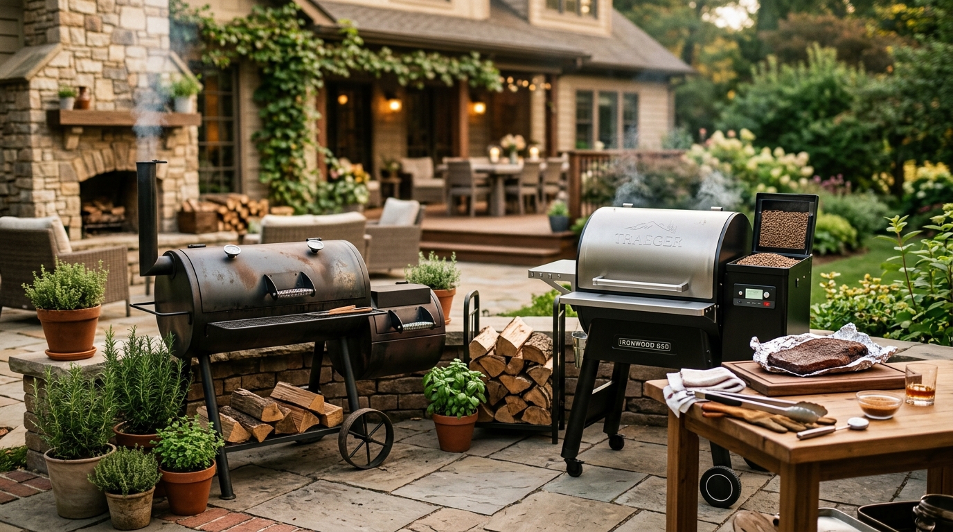 An offset smoker and a pellet smoker on a backyard patio with smoke rising from both