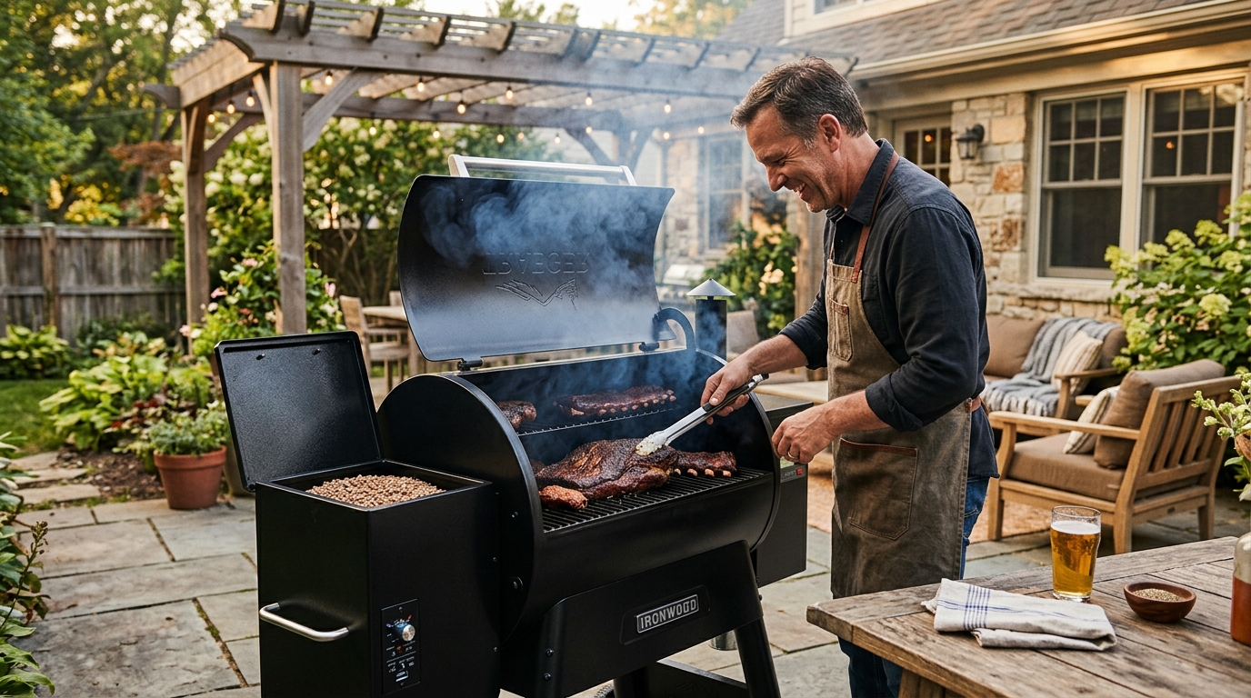 Pellet grill producing thick smoke over a brisket during a low-and-slow backyard cook