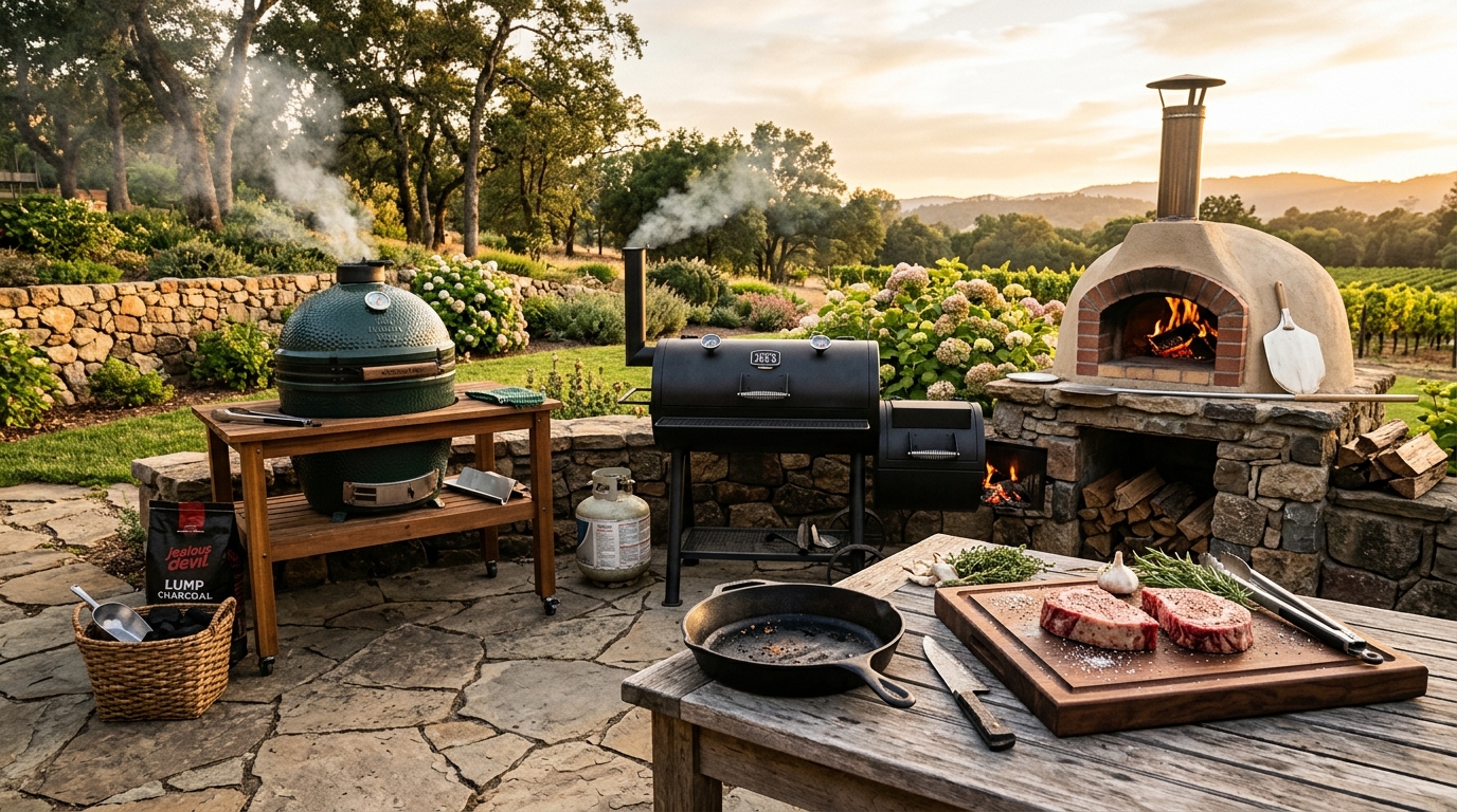 Complete outdoor cooking setup on a stone patio: kamado grill, offset smoker, pizza oven, and cast iron