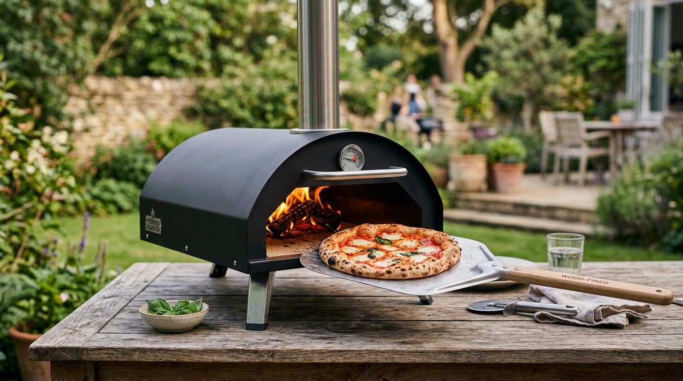 Portable outdoor pizza oven with fire visible through opening and pizza peel resting beside it
