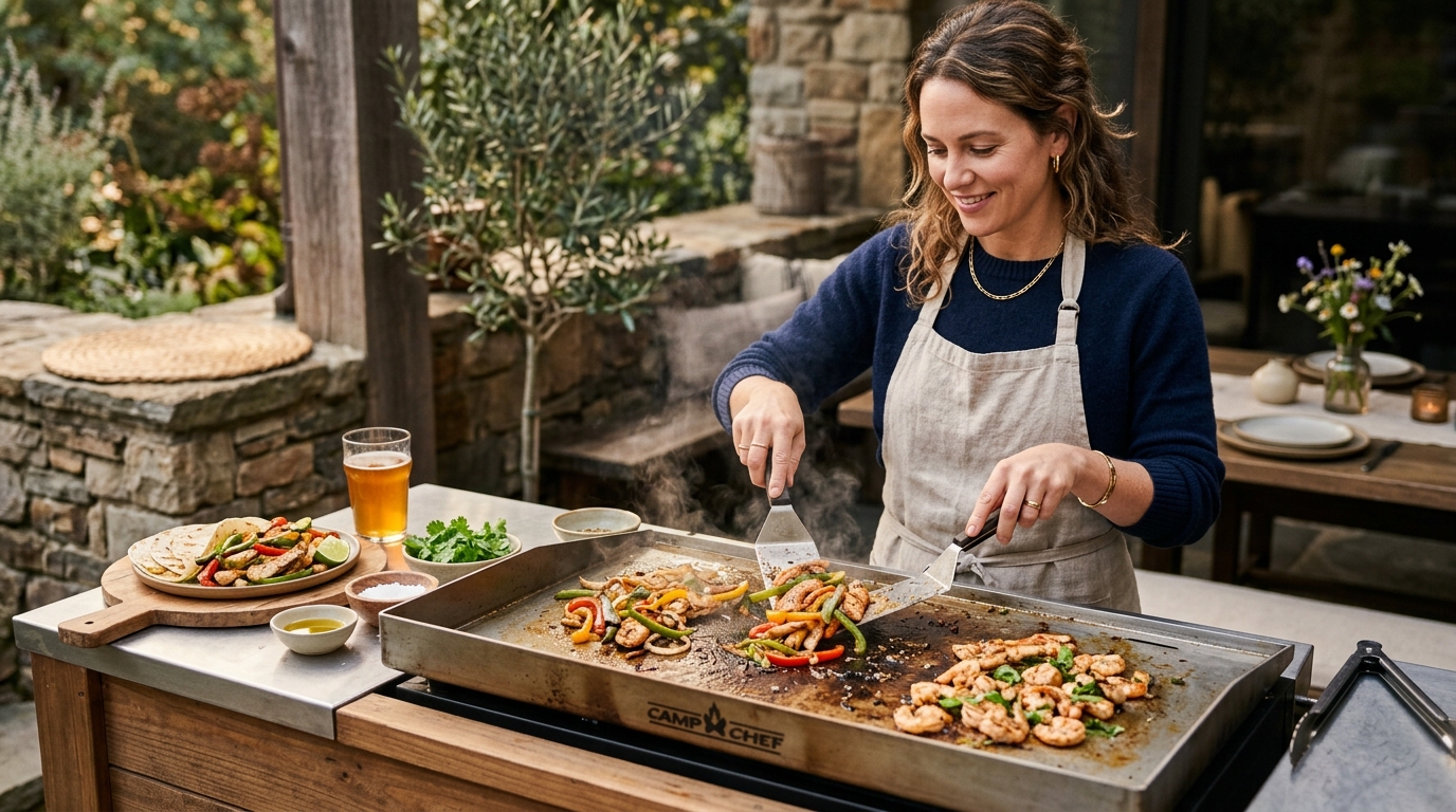 A flat top outdoor griddle with smash burgers, bacon, and colorful vegetables sizzling across different heat zones