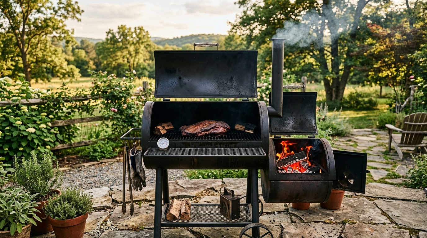 Offset barrel smoker with light wood smoke rising from chimney on a rural backyard patio