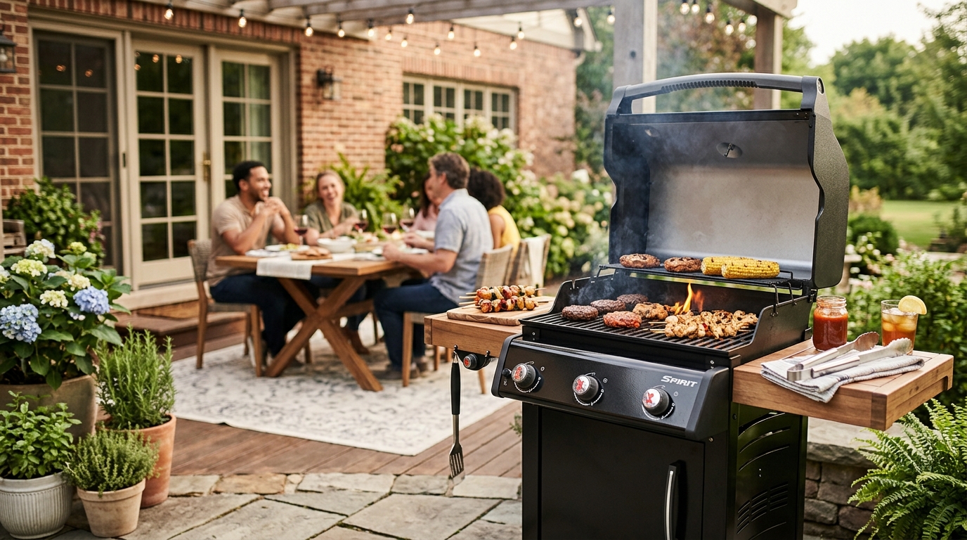 Weber Spirit E-310 3-burner gas grill on a backyard patio with lid open showing porcelain-enameled grates and flavorizer bars